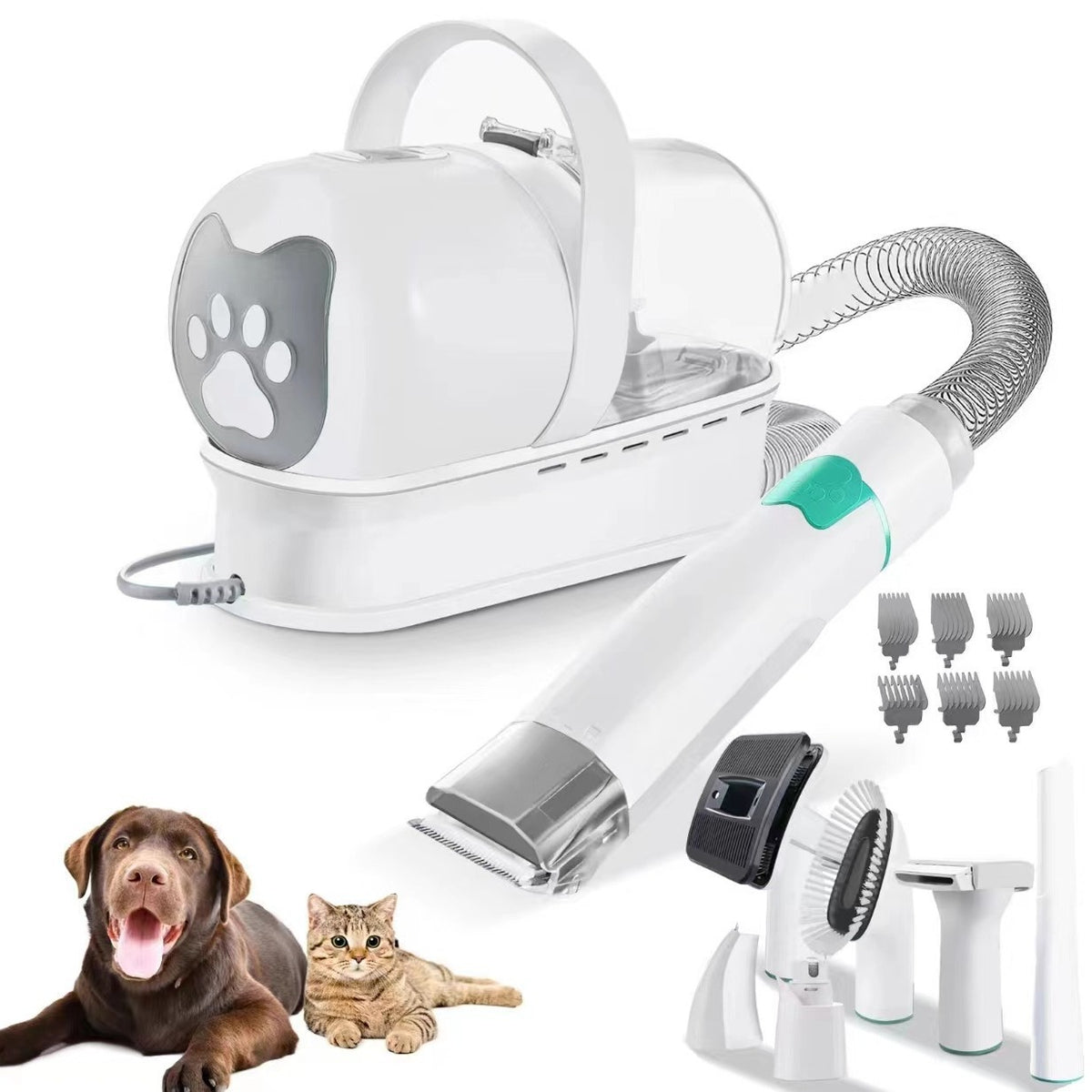 PetCottie 7合1宠物美容吸尘器与理发器套装，显示多功能宠物美容工具和配件。