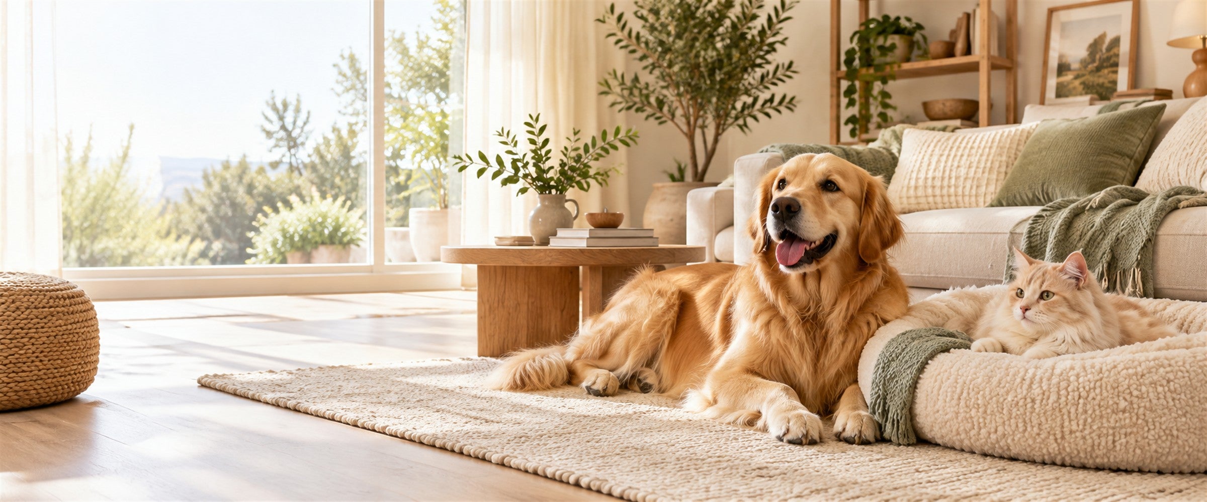 A dog and cat relaxing together in a bright, warm home